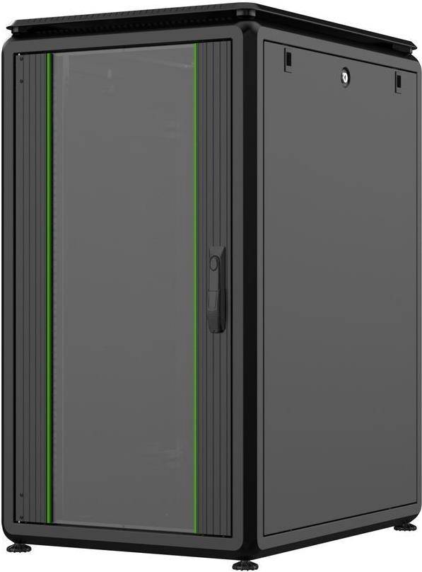 Ein schwarzer Schrank mit vertikalem Griff und subtilen grünen Akzenten an den Kanten, vor einem grauen Hintergrund.