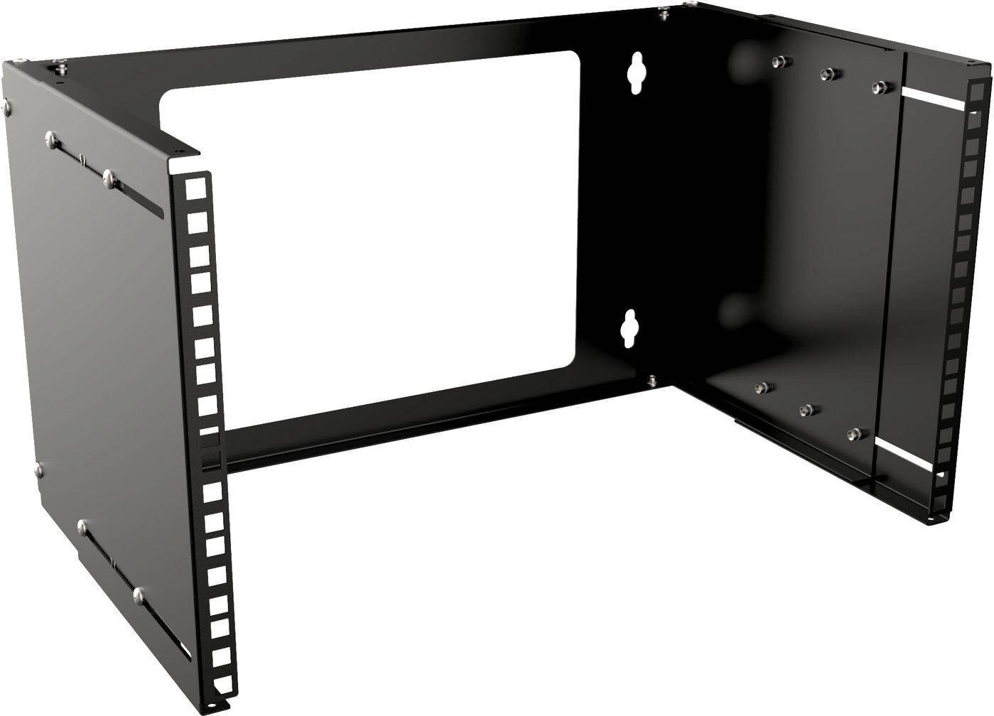 Eine schwarze Metall-Wandmontageklammer mit mehreren Schraubenlöchern zum Befestigen von Ausrüstung oder Kabeln, entworfen für Server- oder Netzwerkverwendung.