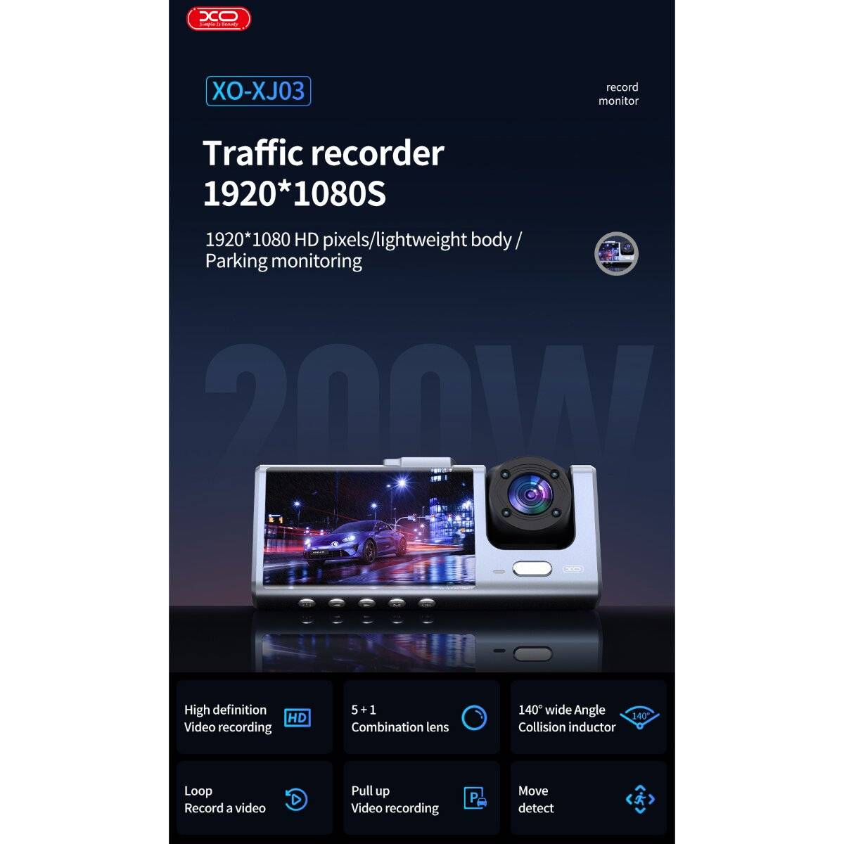 XO XJ03 Auto Dashcam mit Front- und Rückkamera Full HD