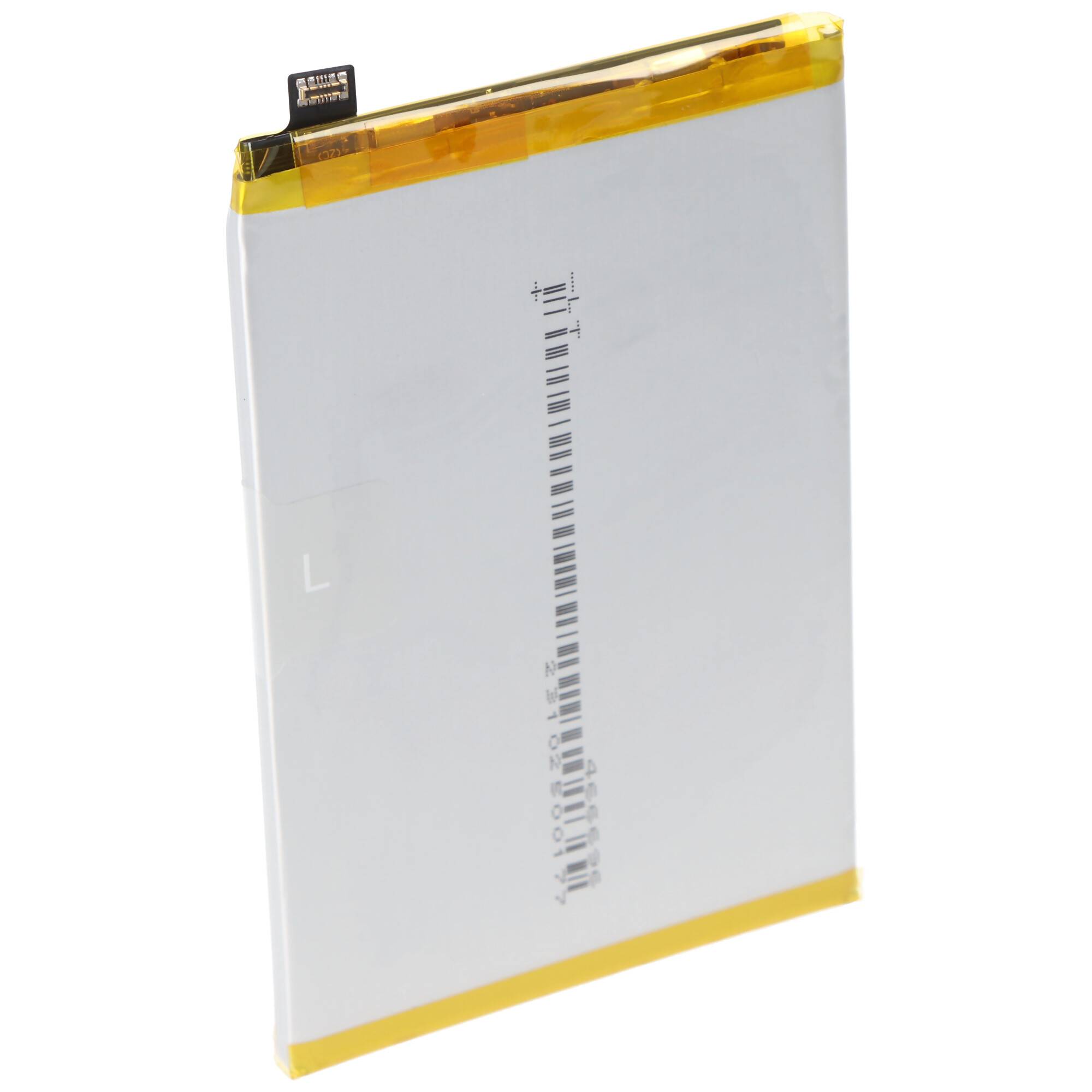 Eine schlanke, rechteckige Lithium-Polymer-Batterie mit einer gelben oberen Kante und einem schwarzen Anschluss in der oberen linken Ecke.
