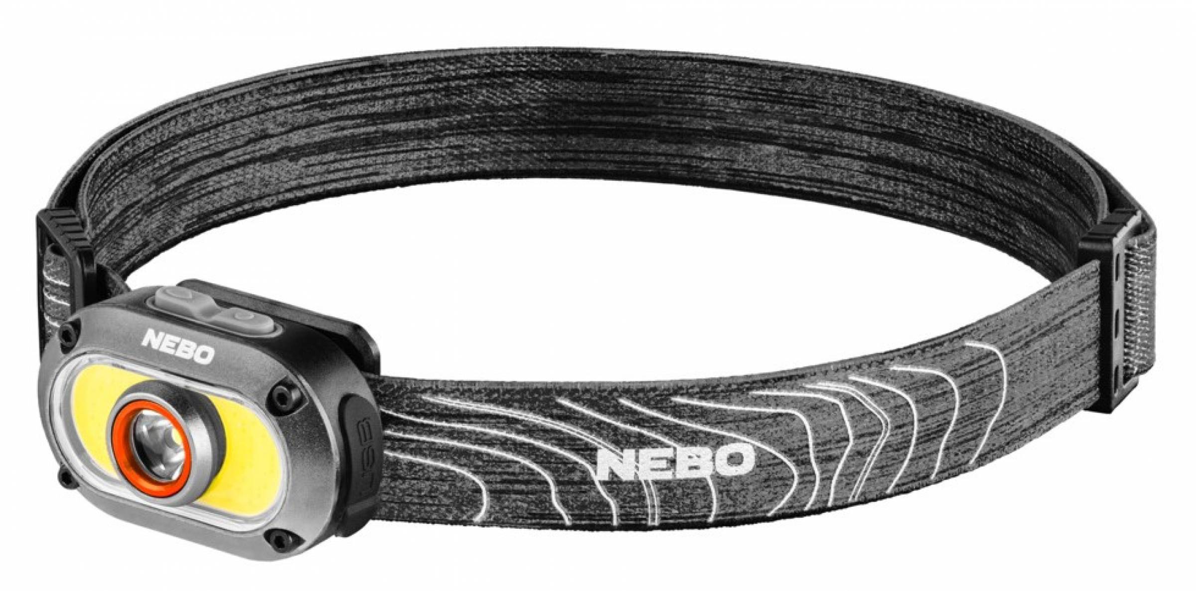 Schwarze NEBO-Stirnlampe mit verstellbarem elastischem Riemen und heller LED-Leuchte auf einem grauen Stirnband.