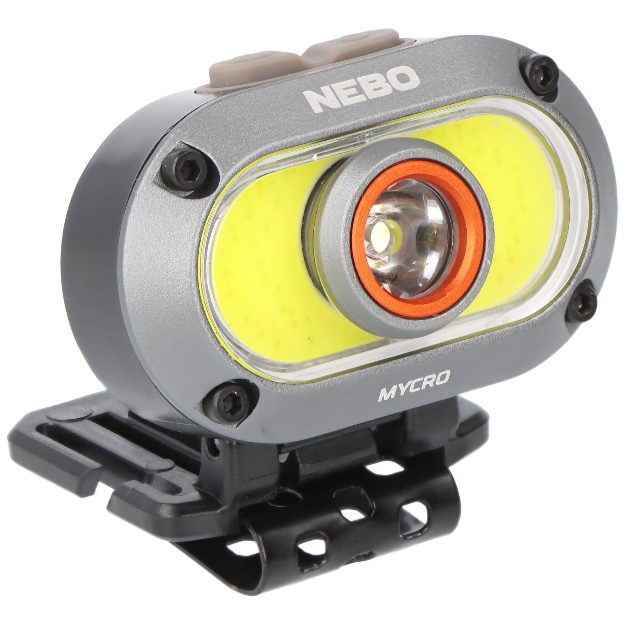 Eine kompakte, oval geformte, grau-gelbe NEBO Mycro LED-Taschenlampe, die auf einer schwarzen Basis montiert ist und sich für freihändige Nutzung eignet.