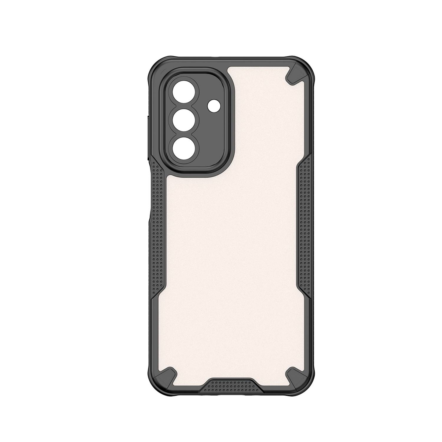 Eine Handyhülle mit robustem Design wird gezeigt. Sie verfügt über verstärkte Ecken und Kanten und bietet Aussparungen für drei Kameralinsen und einen Blitz.