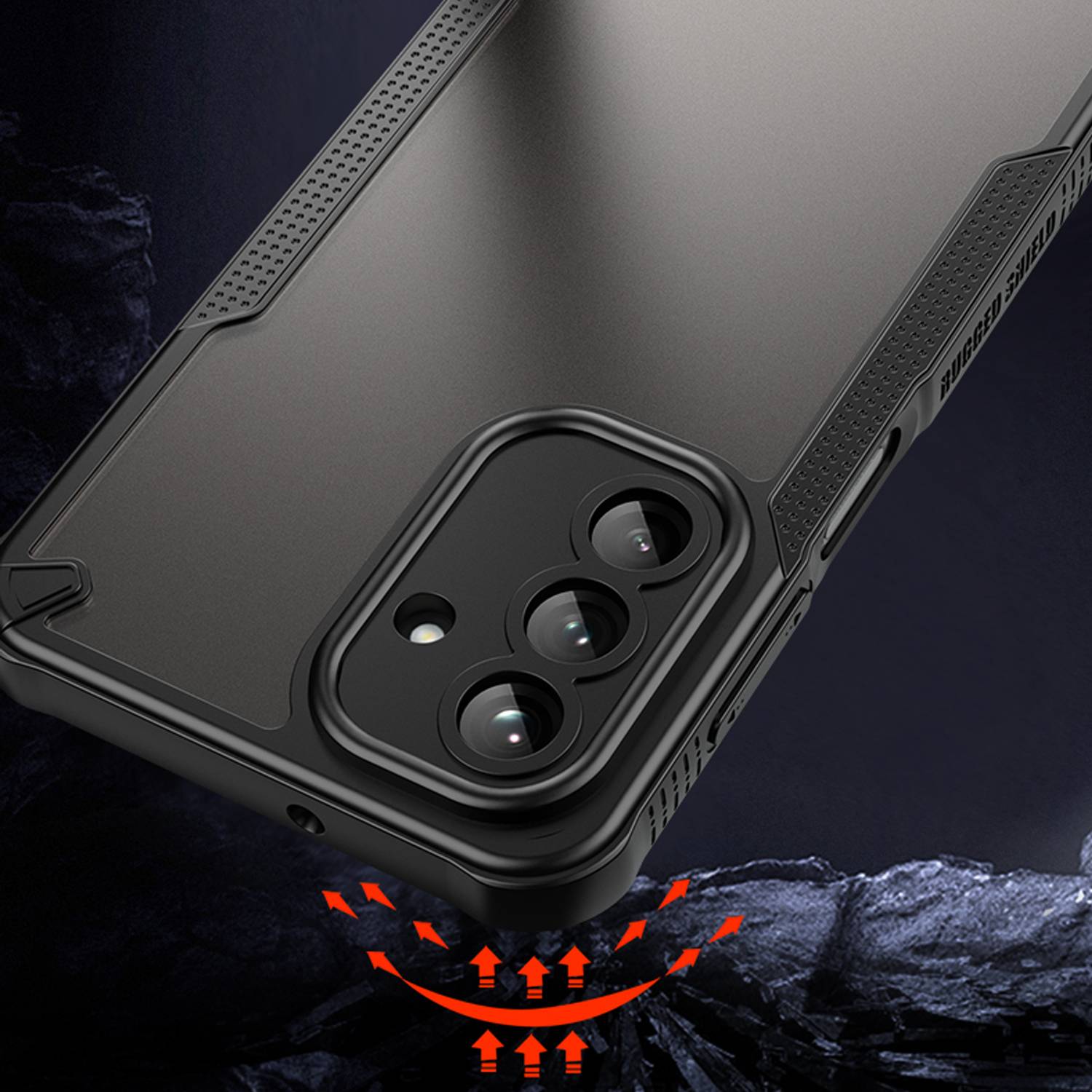 Ein robustes Smartphone-Case mit verstärkten Ecken und erhöhtem Kameraausschnitt vor einem felsigen Hintergrund, das Langlebigkeit unterstreicht.