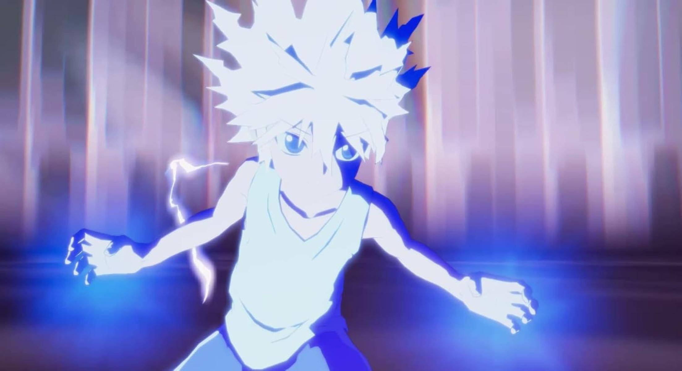 Ein Zeichentrickcharakter mit stacheligen Haaren sendet Elektrizität aus seiner Hand aus und steht gegen einen hellen, dynamischen Hintergrund.