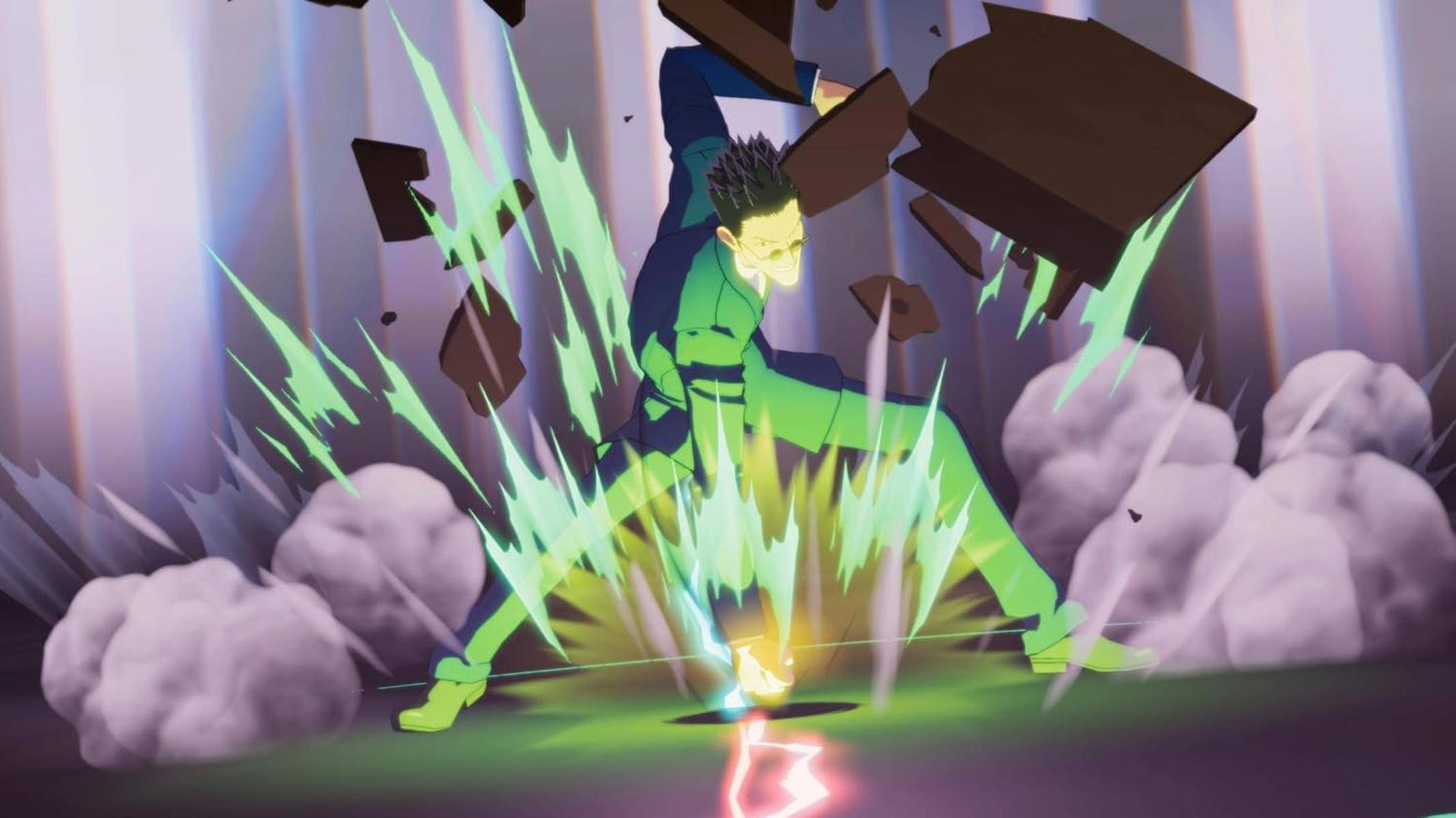 Eine Figur in dynamischer Bewegung, umgeben von lebendiger grüner Energie, durchbricht eine hölzerne Barriere mit intensivem Fokus und Kraft.