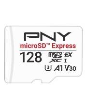 PNY microSD Express 128GB-Karte mit Symbolen für Geschwindigkeits- und Kapazitätsmerkmale, einschließlich U3, A1, V30, microSDXC und I.