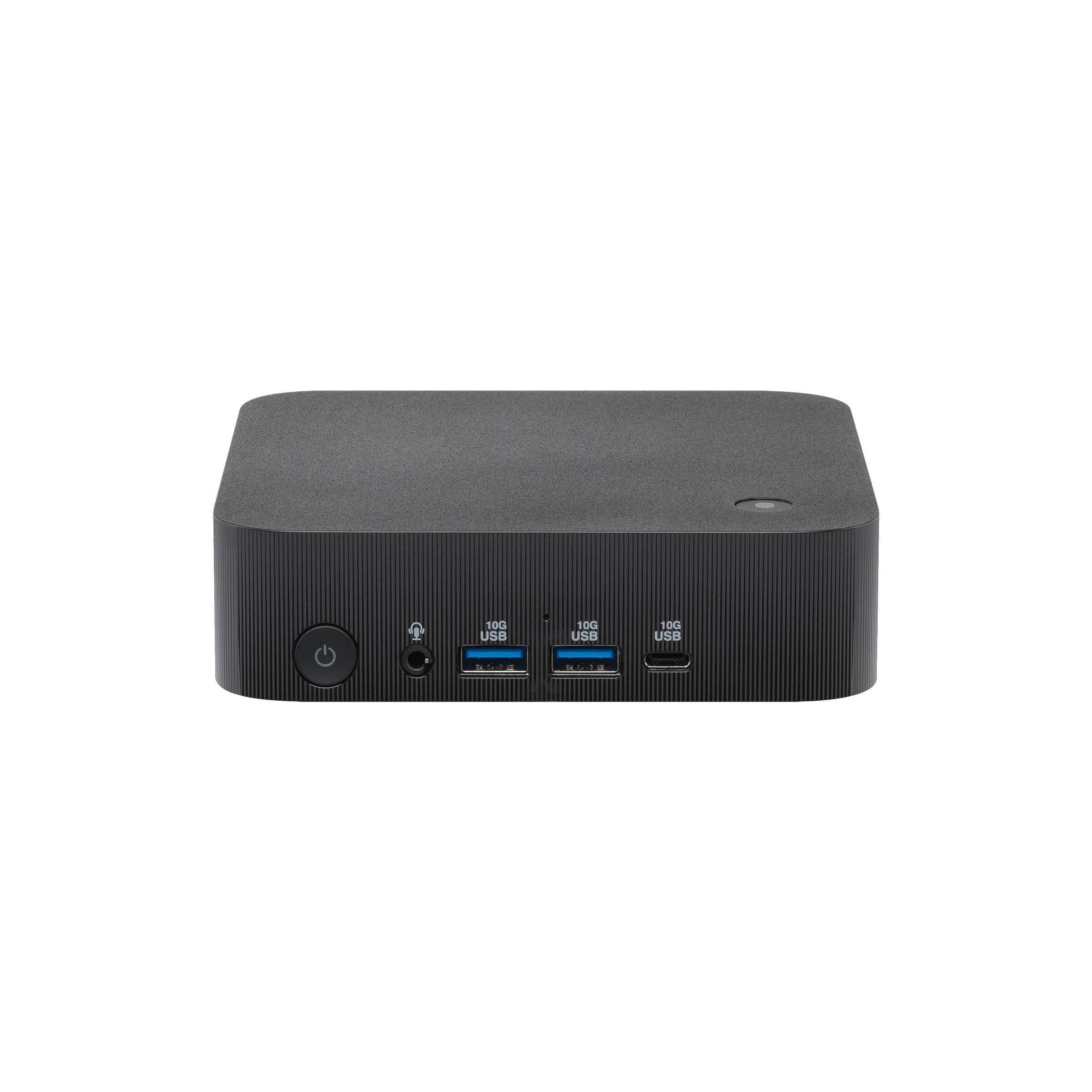 Ein schwarzer Mini-Desktop-Computer mit vorderen USB-Anschlüssen und einem Netzschalter.