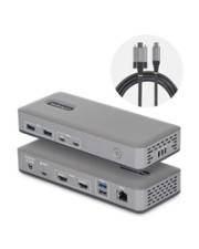 Eine graue Dockingstation mit mehreren USB-, HDMI- und Ethernet-Anschlüssen, begleitet von einem Bild von USB-Kabeln mit Type-C-Steckern.