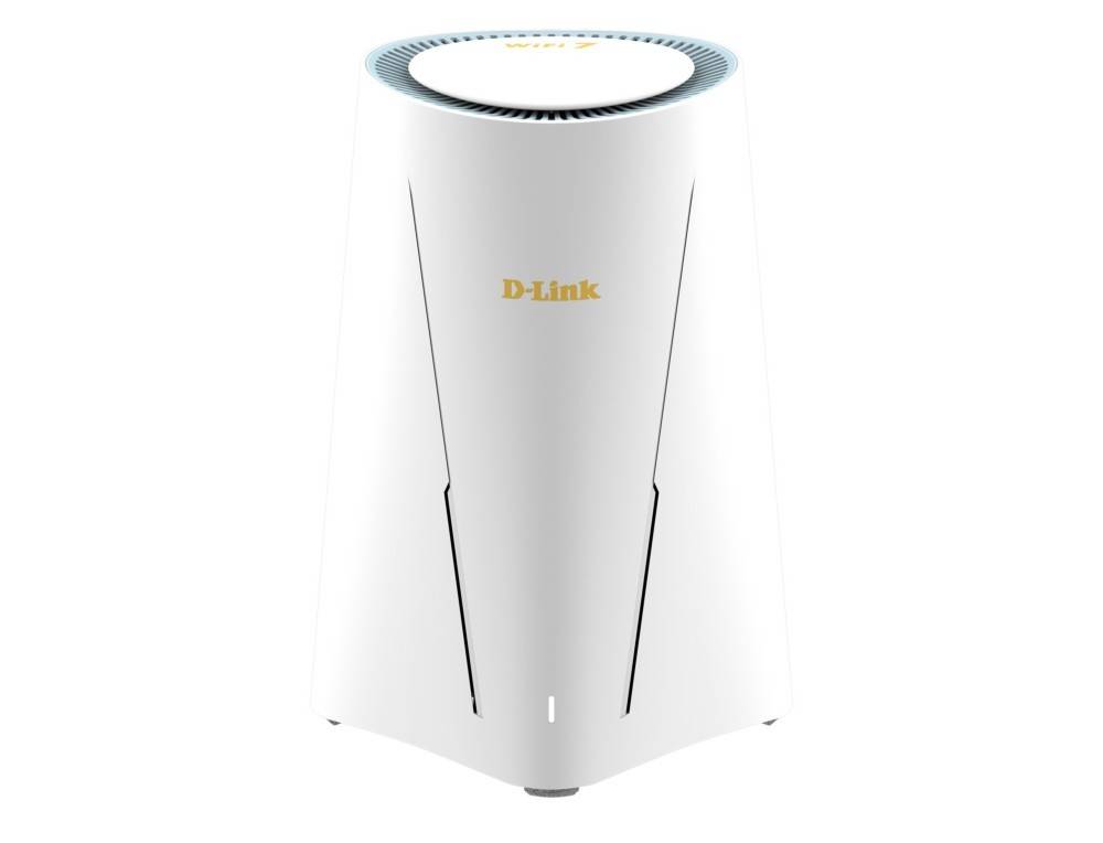 Weißer D-Link Wireless-Router oder Mesh-Knoten in Vorderansicht auf weißem Hintergrund.