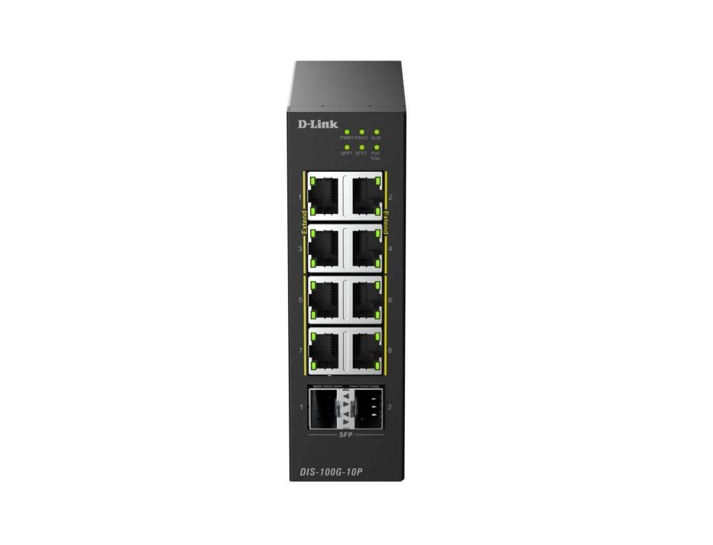 Vorderansicht eines D-Link Industrial Ethernet-Schalters mit acht RJ45-Anschlüssen und zwei SFP-Steckplätzen, dargestellt auf weißem Hintergrund.
