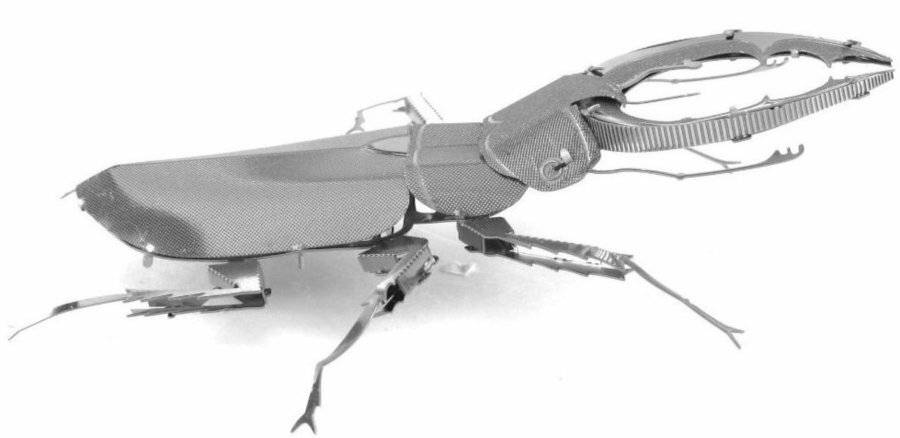 Eine Metallskulptur eines Käfers mit intricate Details und mechanischen Teilen, die künstlerische Handwerkskunst und Kreativität zur Schau stellt.