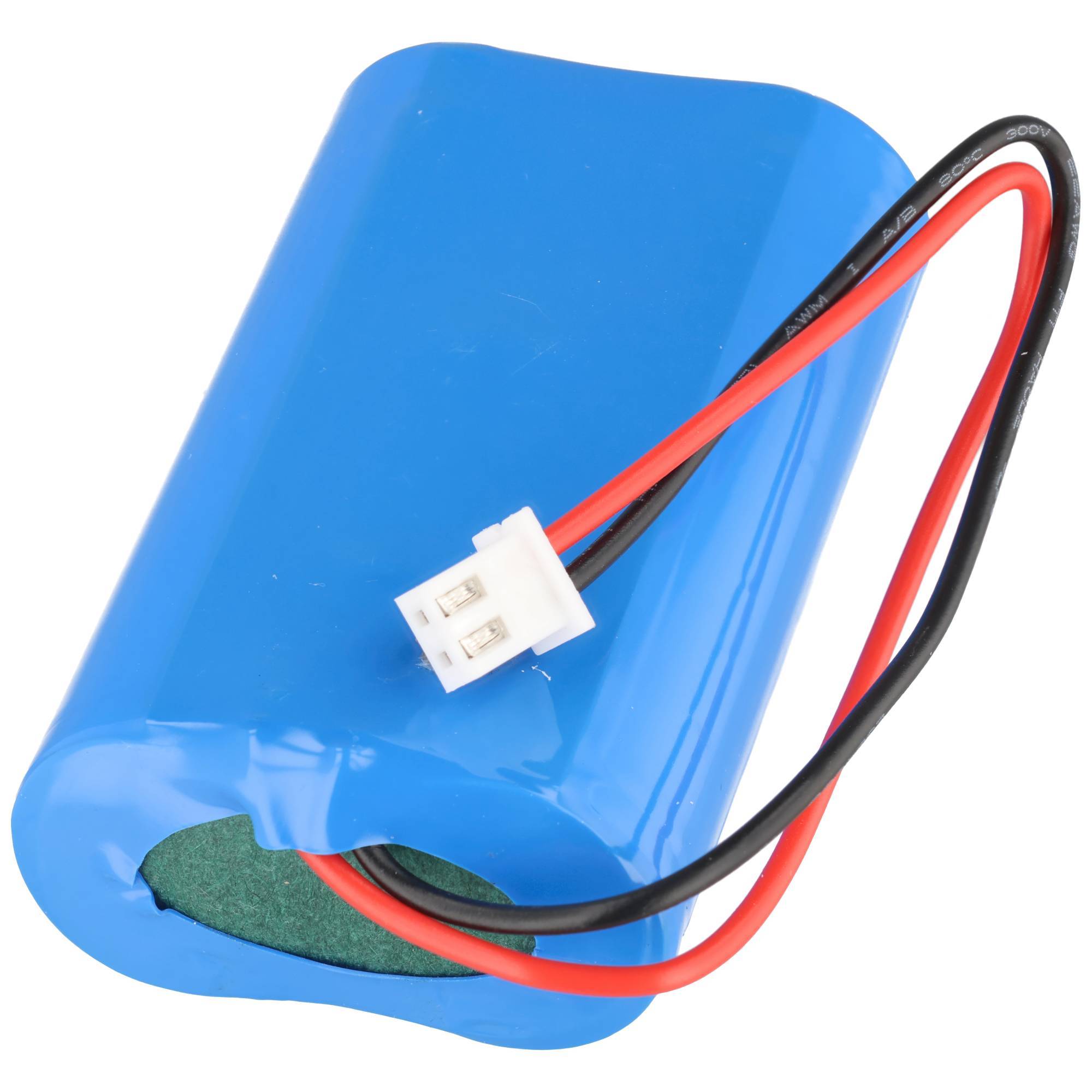 Blauer, in Schrumpffolie verpackter wiederaufladbarer Batteriepack mit roten und schwarzen Drähten und einem weißen Stecker.