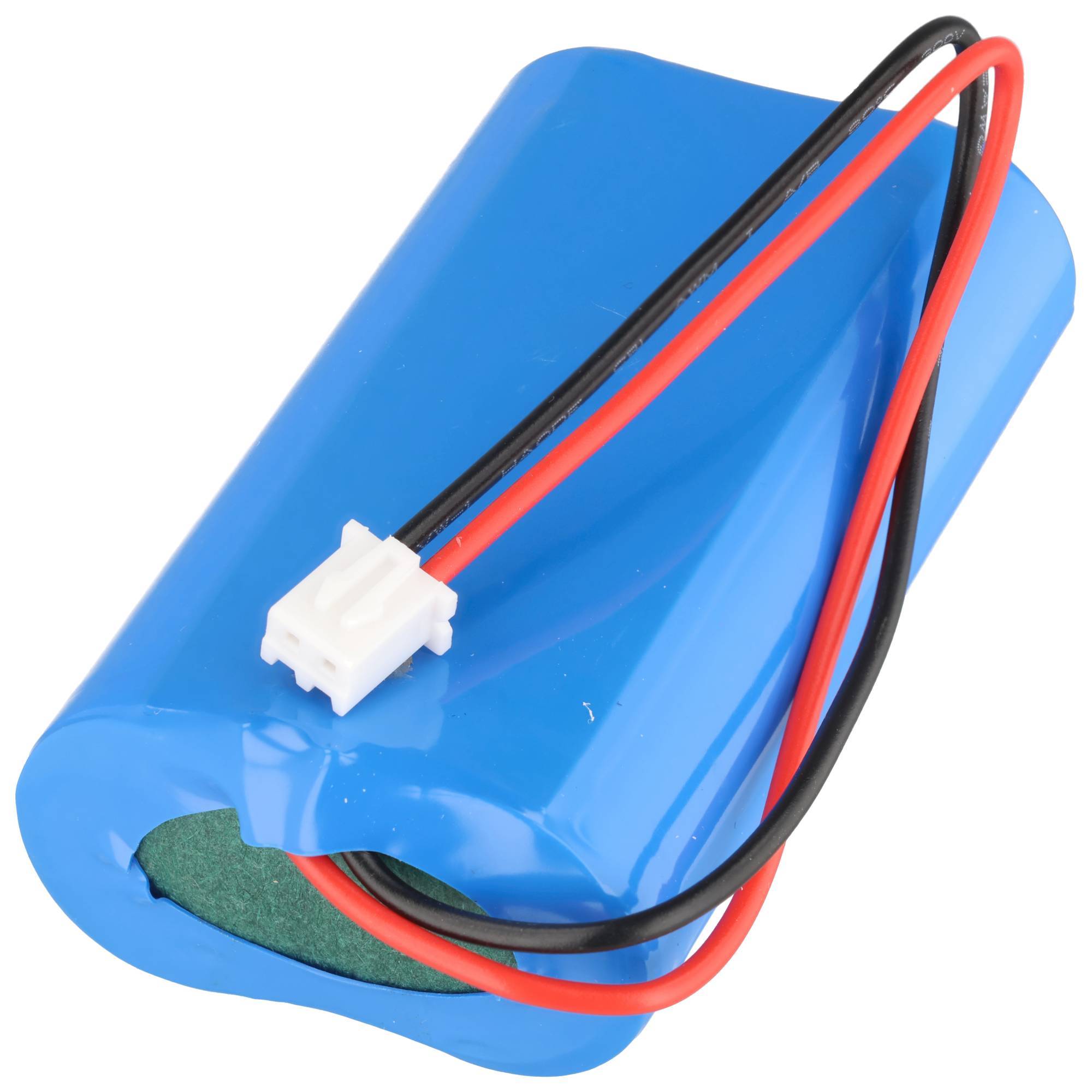 Blauer aufladbarer Batteriepack mit roten und schwarzen Kabeln und einem weißen Stecker.