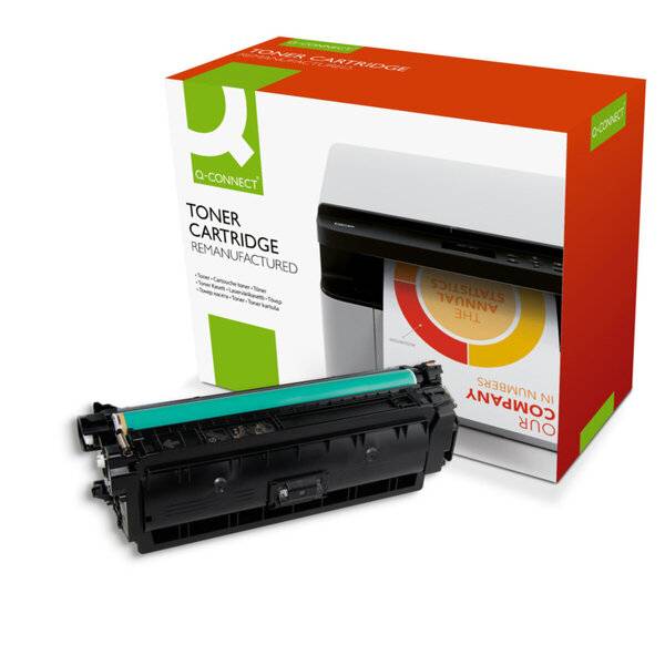 Q-Connect wiederaufbereitete Tonerpatrone, abgebildet mit ihrer Produktverpackung auf weißem Hintergrund.