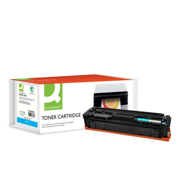 Q-Connect Tonerpatrone neben ihrer Produktverpackung auf weißem Hintergrund dargestellt.