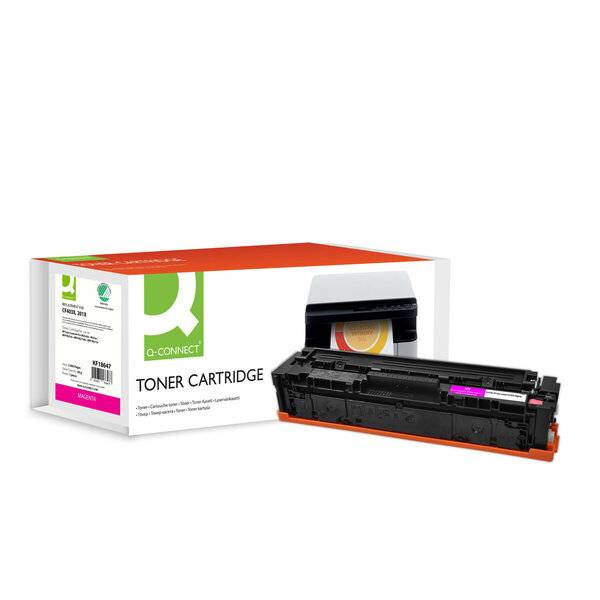 Q-Connect Tonerkartusche neben ihrer Produktverpackung auf weißem Hintergrund dargestellt.