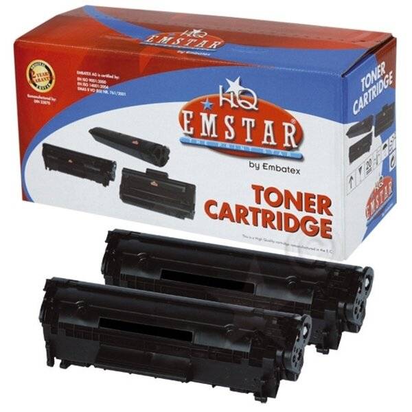 HQ Emstar von Embatex Tonerkassette mit zwei schwarzen Druckerkassetten, die vorne angezeigt werden.