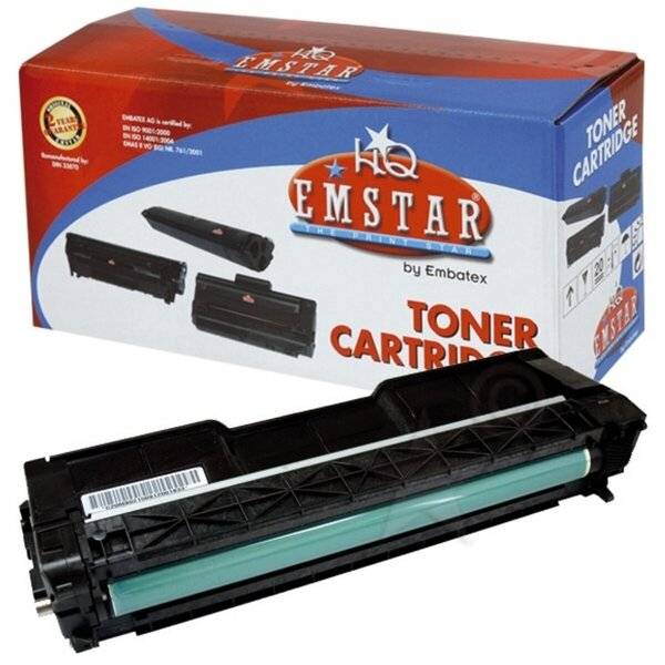 Karton und Tonerpatrone für eine HQ Emstar-Druckertonerpatrone, mit der schwarzen Patrone, die vor der Verpackung gezeigt wird.