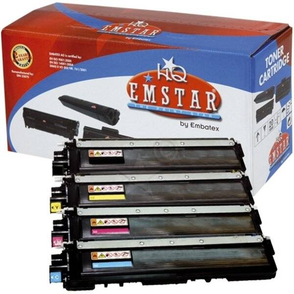EMSTAR Tonerpatronenschachtel mit vier schwarzen Druckertonerpatronen, die nach Farbe gekennzeichnet sind: Schwarz, Gelb, Magenta und Cyan.