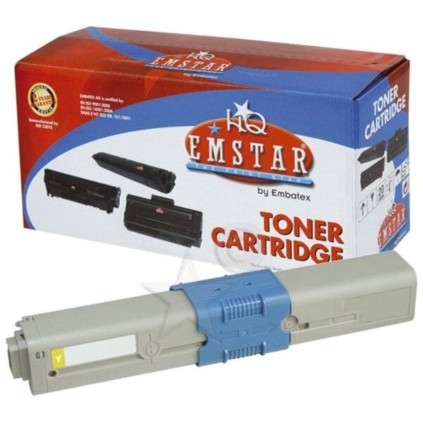 EMSTAR von Embatex Tonerkartuschen mit ihrer Produktverpackung, gekennzeichnet für gelbes Toner.