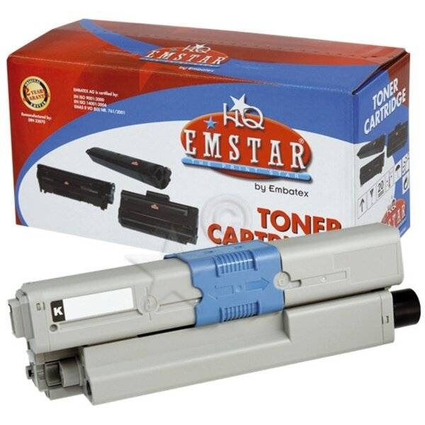 Eine verpackte EMSTAR-Tonerpatrone mit der grauen Druckerpatrone, die vor ihrer blau-rot gestreiften Produktverpackung gezeigt wird.