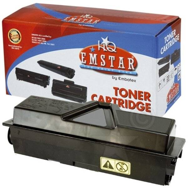 EMSTAR von Embatex Tonerpatrone, gezeigt vor ihrer blau-rot gestreiften Produktverpackung.