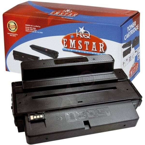 Schwarze Tonerkartusche vor einer HQ EMSTAR Tonerkartusche-Verpackung, dargestellt als Produktbild.