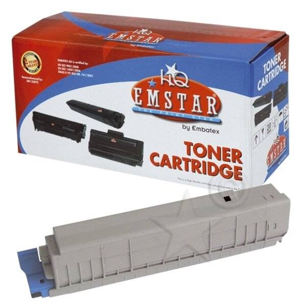 EMSTAR von Embatex Tonerpatrone in einer Einzelhandelsverpackung, gezeigt mit der grauen Patrone außerhalb der Verpackung.