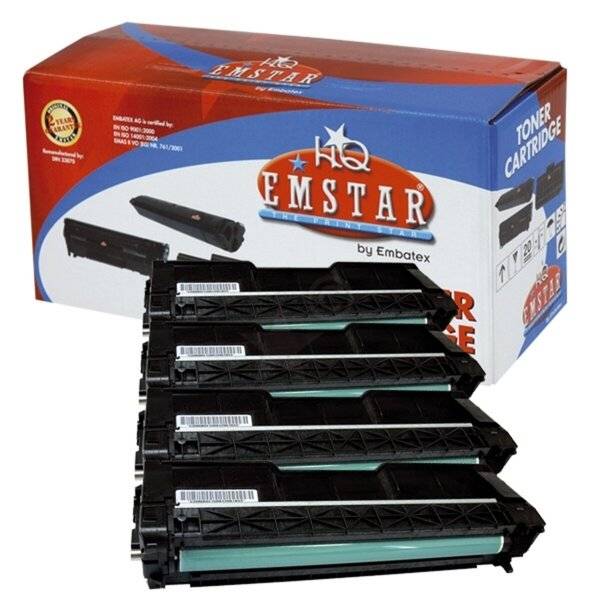 Stapel schwarzer Druckertonerkartuschen vor einer HQ Emstar Tonerkartuschenbox.