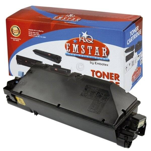 Schwarze Laser-Tonerpatrone vor einer HQ Emstar Tonerpatron-Box.
