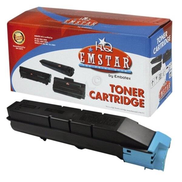 Emstar-Tonerpatrone, die vor ihrer Einzelhandelverpackung angezeigt wird, zeigt eine schwarze Druckertonerpatrone mit einer blauen Endkappe.