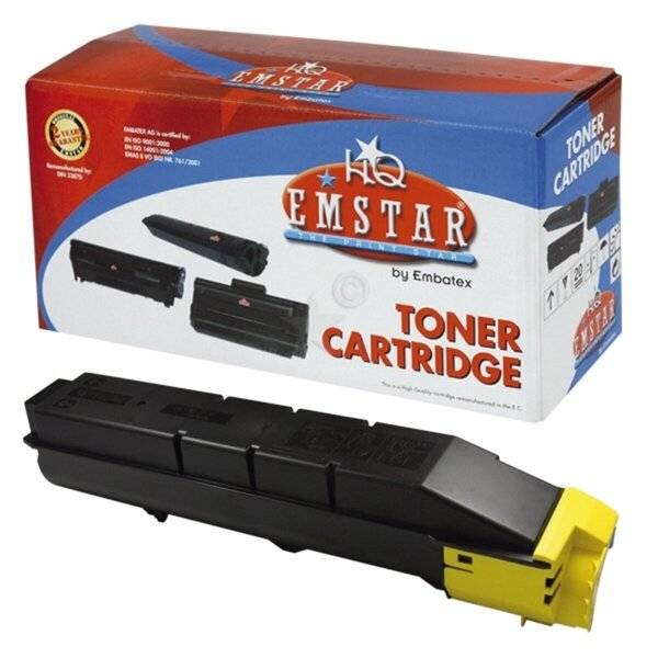 Verpackter HQ Emstar Tonerpatronen von Embatex mit der schwarz-gelben Patrone, die vor der Verpackung gezeigt wird.