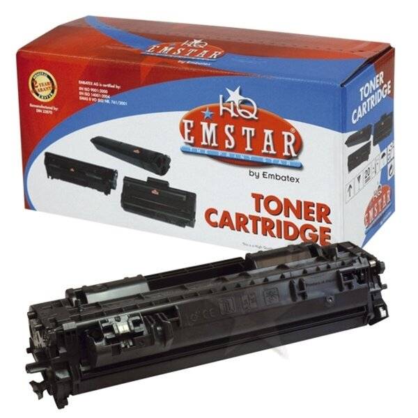 HQ Emstar Tonerkartusche mit ihrer Einzelhandelsverpackung und der schwarzen Kartusche im Vordergrund.
