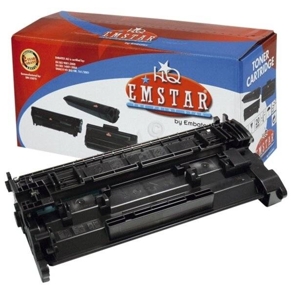 Schwarze Tonerpatrone vor einer HQ Emstar Tonerpatrone-Verpackungsbox.