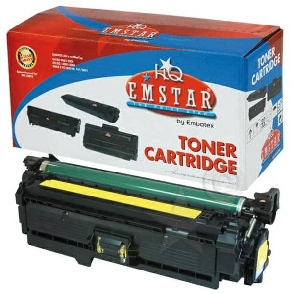 HQ Emstar Tonerpatrone vor ihrer rot-blauen Einzelhandelsverpackung.