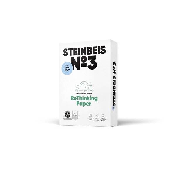 Schachtel STEINBEIS No.3 Reines Weiß Papier, beschriftet mit „ReThinking Paper