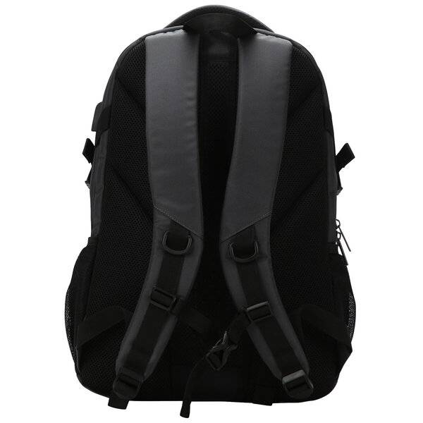 Schwarzer Rucksack von hinten gezeigt, mit gepolsterten Schultergurten und Mesh-Rückseite auf weißem Hintergrund.