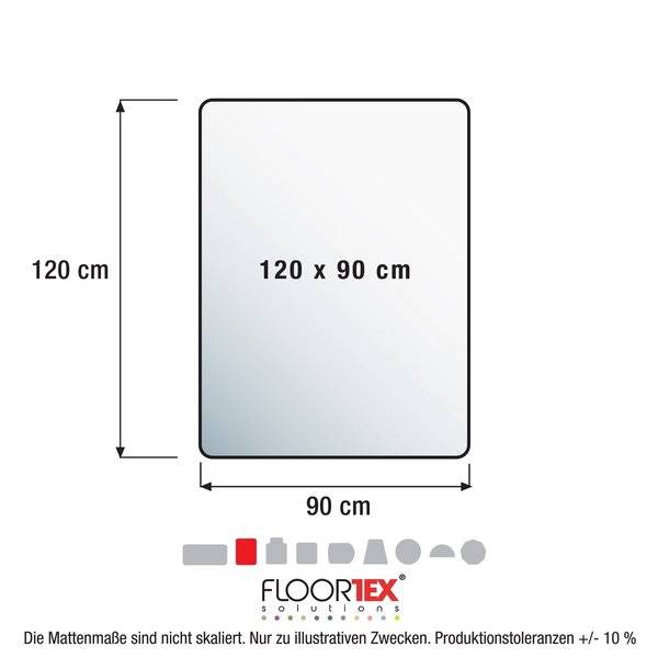 Illustration einer rechteckigen Matte mit der Bezeichnung 120 x 90 cm, mit den Gesamtabmessungen 120 cm Höhe und 90 cm Breite markiert. FloorTex Solutions-Logo darunter.