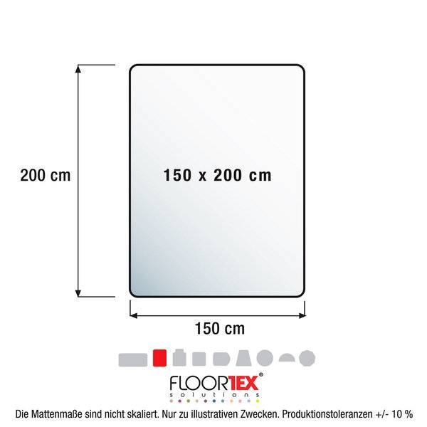 Illustration einer rechteckigen Bodenmatte mit der Bezeichnung „150 x 200 cm