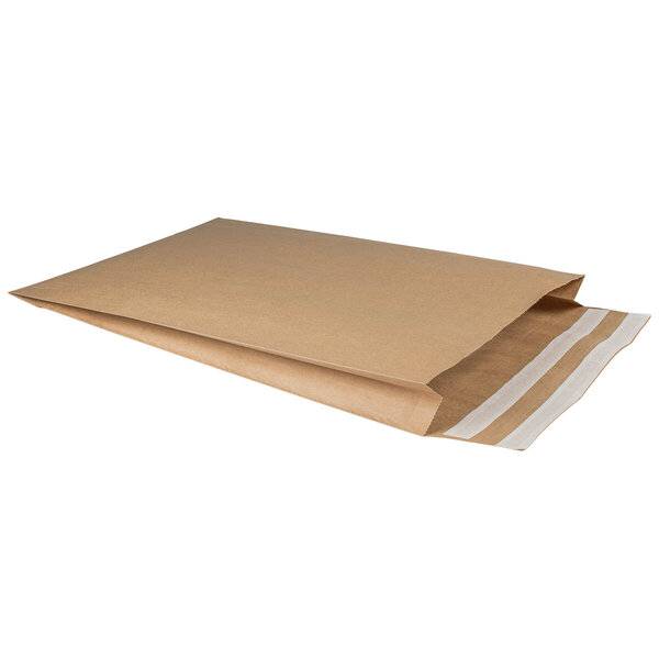 Ein braunes Kraftpapier-Versandumschlag mit selbstklebendem Verschlussstreifen, geschlossen auf weißem Hintergrund dargestellt.