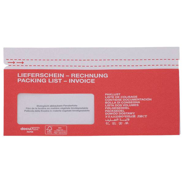 Rote Versandtasche mit transparentem Adressfenster und mehrsprachigem Text „LIEFRSCHEIN – RECHNUNG / PACKING LIST – INVOICE