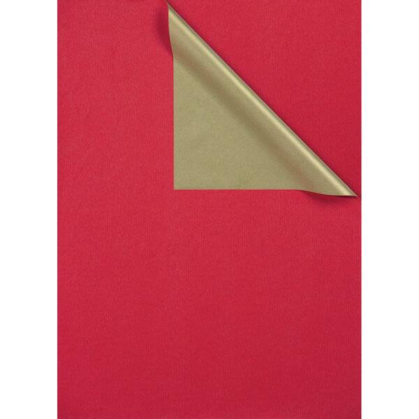 Rotes Geschenkpapier mit einer zurückgefalteten Ecke, die darunter metallisch goldenes Papier offenbart.