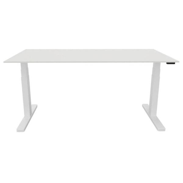 Minimalistische weiße Stehschreibtisch mit flacher rechteckiger Oberfläche und zwei T-förmigen Beinen, gezeigt vor einfachem weißem Hintergrund.