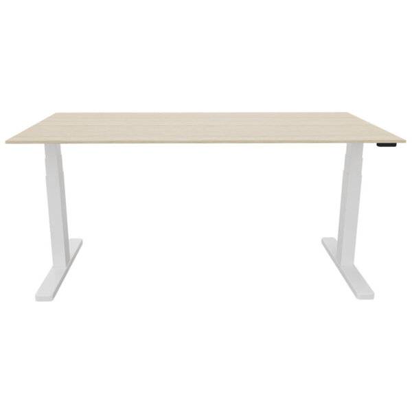 Minimalistischer rechteckiger Schreibtisch mit heller Holzplatte und weißen Metallbeinen in T-Form auf weißem Hintergrund.
