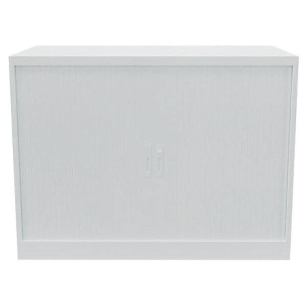 Schlichte weiße rechteckige Schrank- oder Aufbewahrungsbox mit flacher Frontplatte und minimalem Design auf weißem Hintergrund.