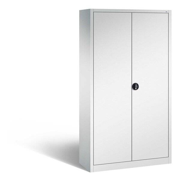 Metalllagerschrank mit weißer Oberfläche, doppelten Türen und schwarzem Griff, gezeigt vor einem einfachen Hintergrund.