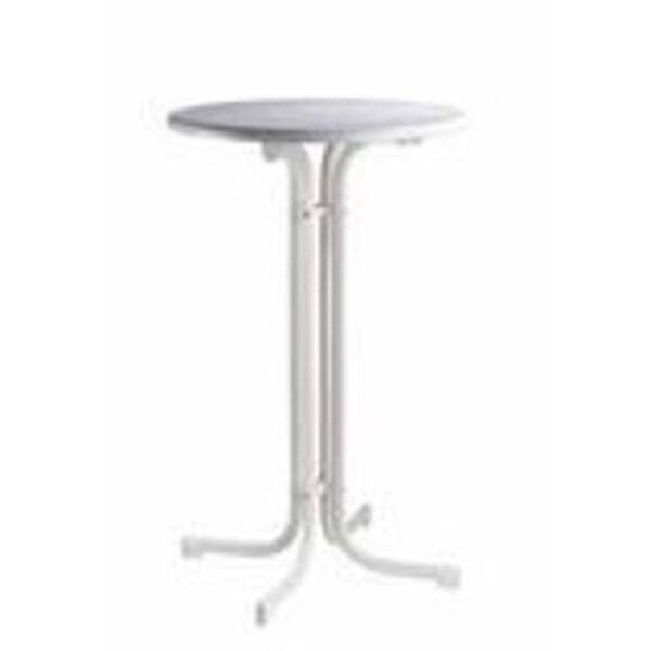 Weißer runder Pedestal-Tisch mit einem zentralen Metallbein und drei gebogenen Füßen.