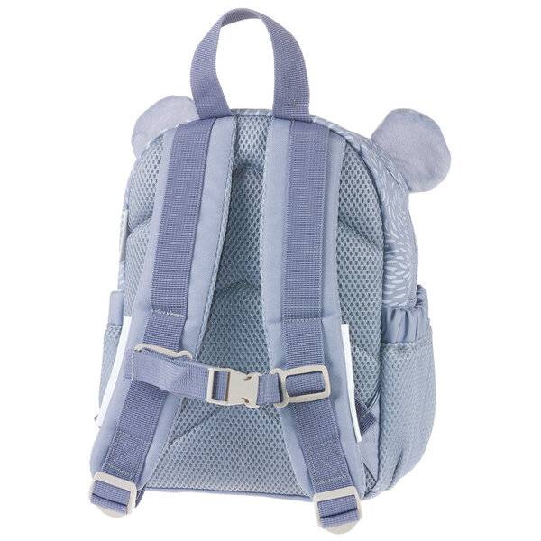 Hellblauer Kinderrucksack mit gepolsterten Trägern, Frontschnalle, Seitentasche und Bärennase-Details oben.