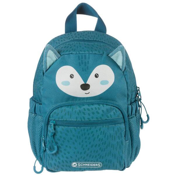 Blauer Kinderrucksack mit Fuchsgesicht-Design, Reißverschlusstasche vorne, seitliche Netztaschen und oberer Tragegriff.